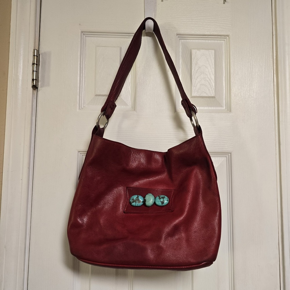 Two Bar West Red Leather Hobo Shoulder Bag Turquoise Western Boho Ink Stain